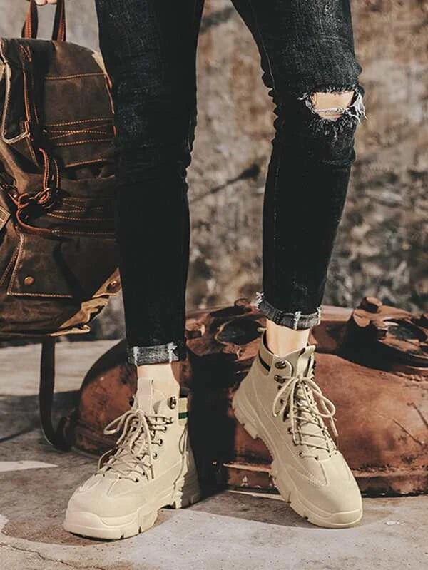 Men Lace-up Front Elastic Band Ankle Boots