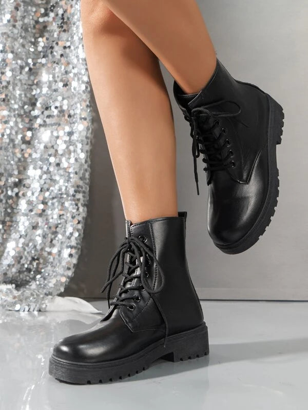 Women Lace Up Front Boots, Cool Black Combat Boots