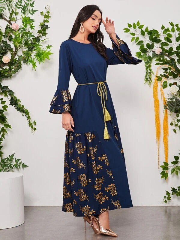 SHEIN Najma Gold Floral Print Flounce Sleeve Tassel Belted Dress