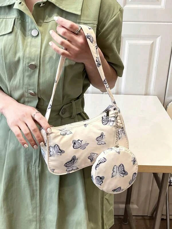 Butterfly Pattern Hobo Bag Beige Fashionable Top Handle With Coin Purse