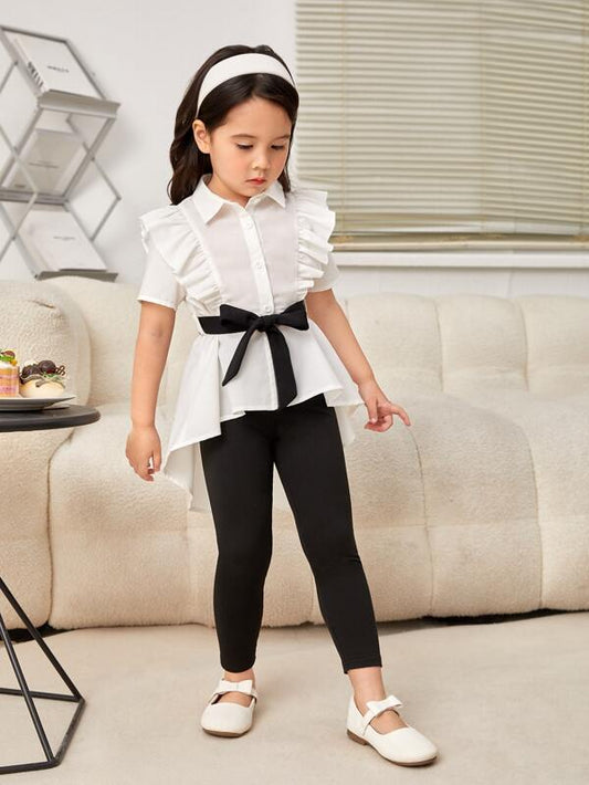 SHEIN Kids FANZEY Toddler Girls Ruffle Trim High Low Hem Belted Shirt & Leggings