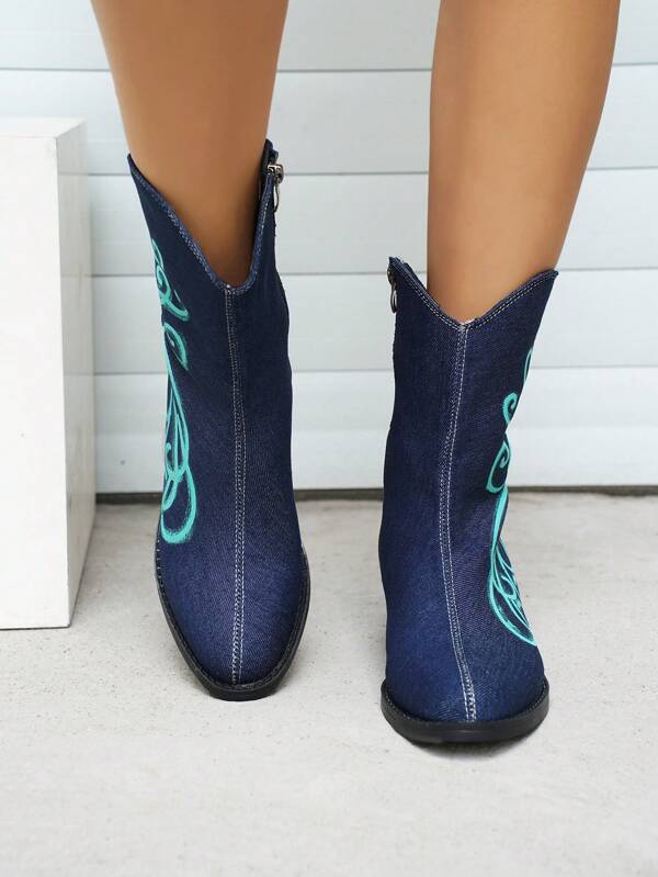 Women's Fashionable Blue Western Cowboy Style Printed Boots With Fleece Lining, Autumn And Winter