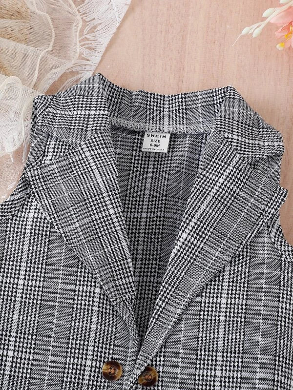 Baby Solid Tee & Plaid Print Vest Blazer & Skirt