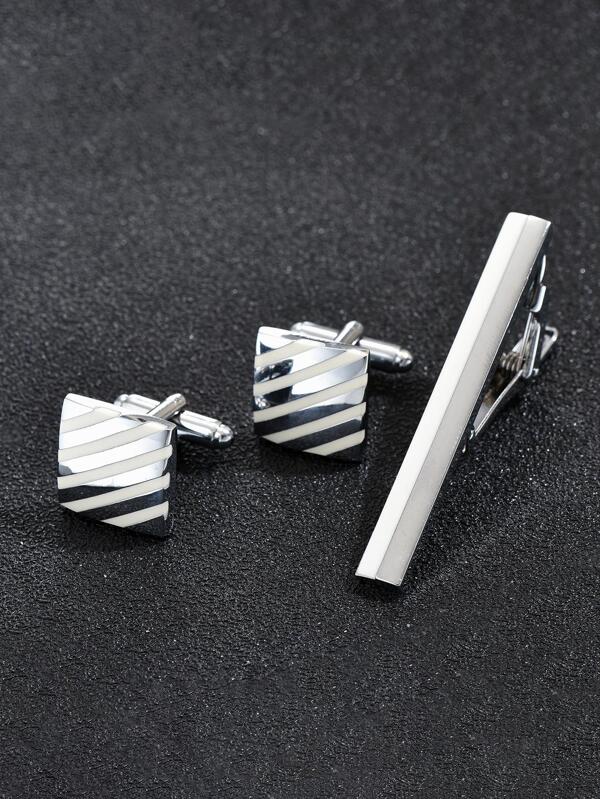 1pair Fashion Stainless Steel Striped Pattern Square Decor Cufflinks & 1pc Tie Clip For Men For Gift
