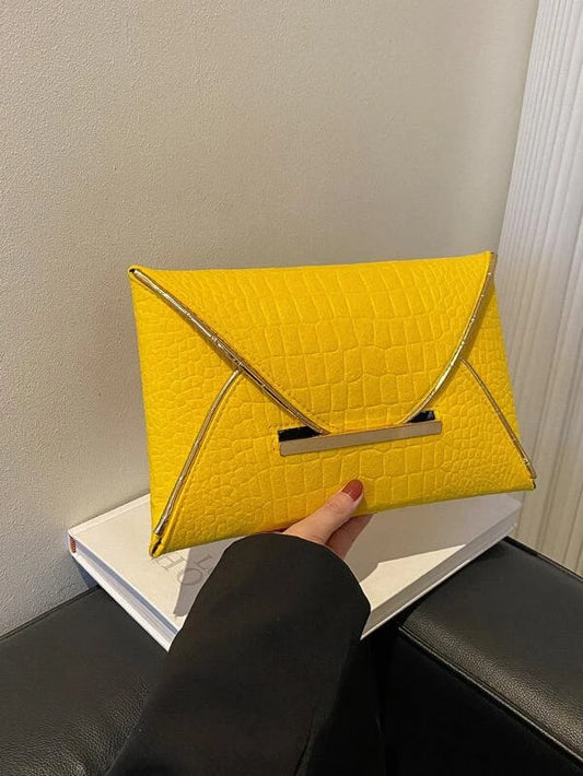 Neon Yellow Crocodile Embossed Metal Decor Envelope Bag