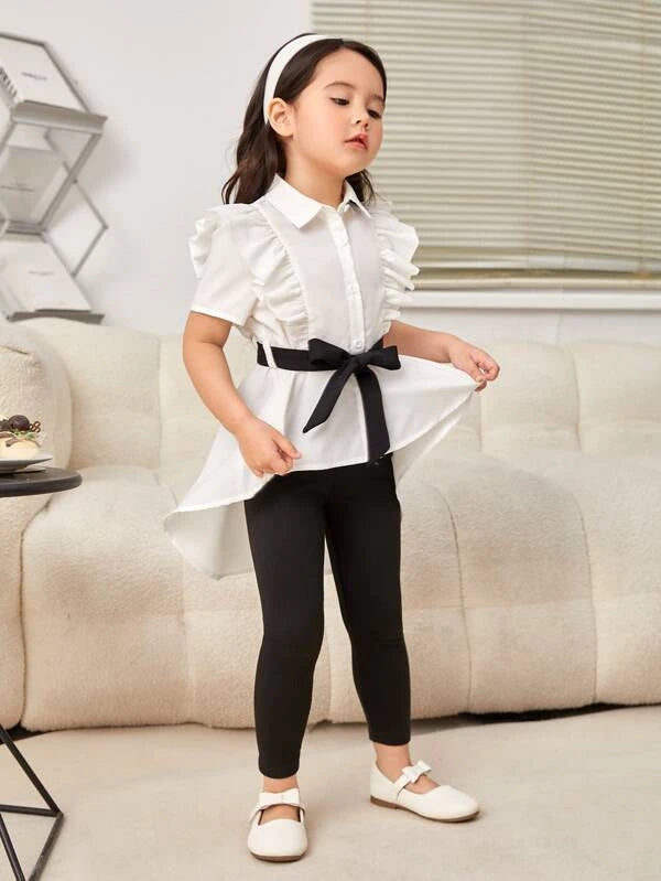 SHEIN Kids FANZEY Toddler Girls Ruffle Trim High Low Hem Belted Shirt & Leggings