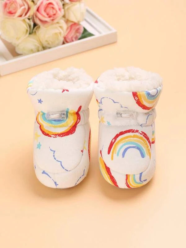 Baby Girls Star & Rainbow Pattern Thermal Lined Fabric Drawstring Design Cute Snow Boots For Winter