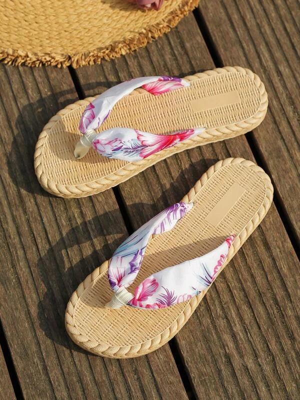 Women Anti-slip Floral Pattern Flip Flops, Vacation Fabric Flip Flops For Summer