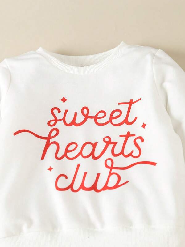 Little Girl' Two Piece Set, White Alphabet Print Sweatshirt And Pink Heart Bell Bottom Pants