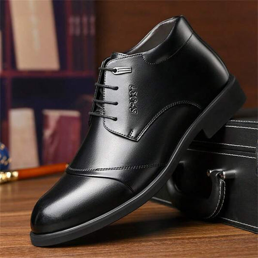 Winter Plus Size Men's Shoes Business Formal Pu Leather Shoes Men's Casual Shoes With Warm Plush Inside, Pointed Toe Groom Wedding High Top Derby Shoes Ankle Boots