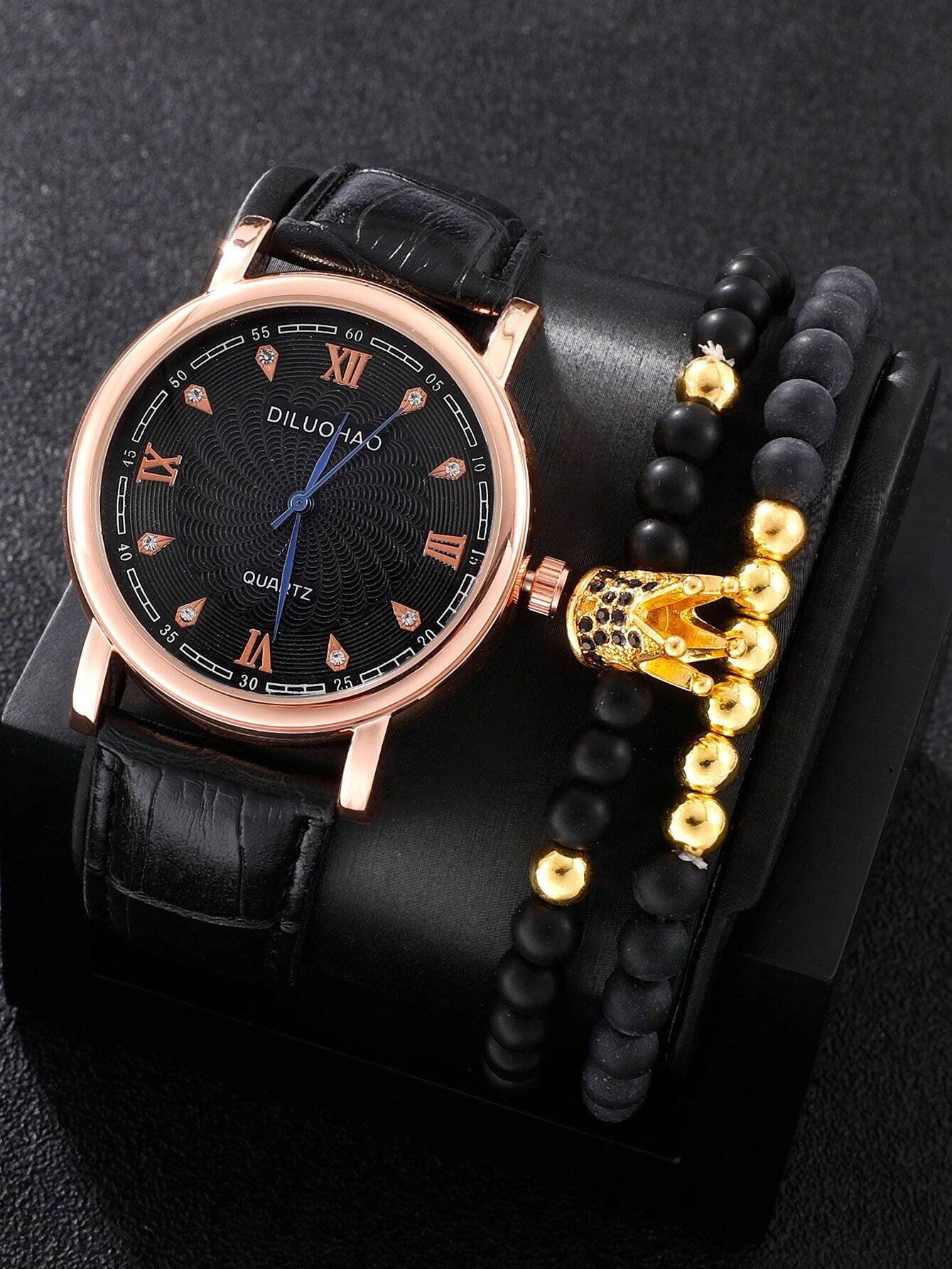 1pc Men Black PU Polyurethane Strap Fashionable Round Dial Quartz Watch & 2pcs Bracelet, For Daily Decoration