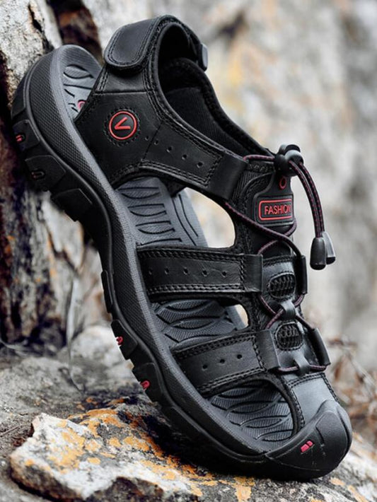 Men Letter Patch Decor Drawstring Design Sport Sandals, Sporty Summer Black Sandals