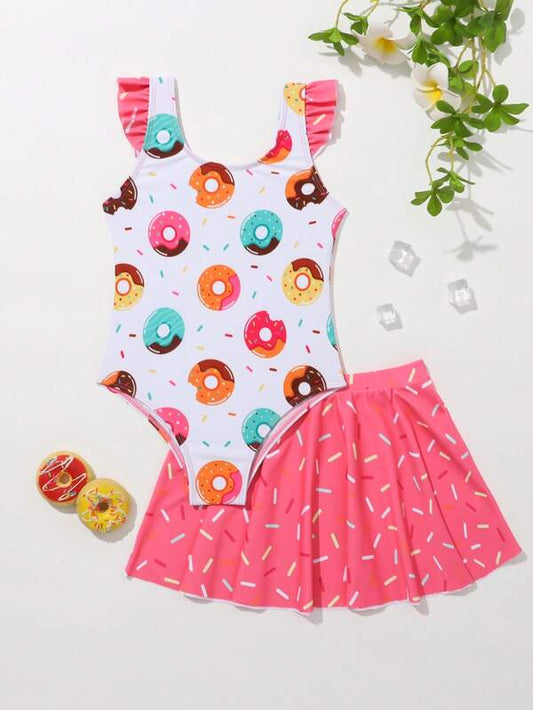 SHEIN Kids SUNSHNE Toddler Girls Donuts Print Ruffle Trim One Piece Swimsuit With Beach Skirt