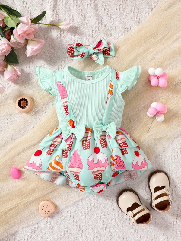 Baby Ice Cream Print Ruffle Trim Bow Front 2 In 1 Bodysuit & Headband