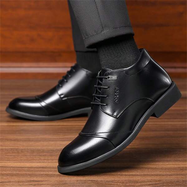 Winter Plus Size Men's Shoes Business Formal Pu Leather Shoes Men's Casual Shoes With Warm Plush Inside, Pointed Toe Groom Wedding High Top Derby Shoes Ankle Boots