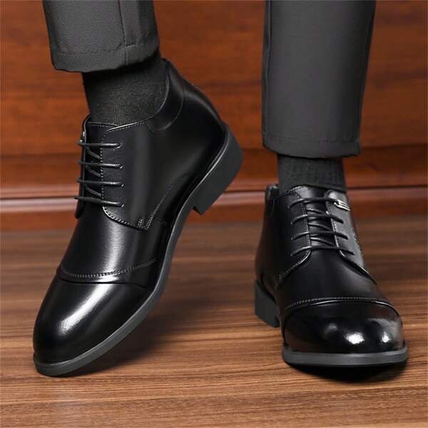 Winter Plus Size Men's Shoes Business Formal Pu Leather Shoes Men's Casual Shoes With Warm Plush Inside, Pointed Toe Groom Wedding High Top Derby Shoes Ankle Boots