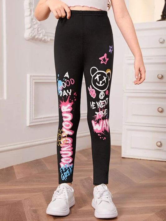 Girls Cartoon & Letter Graphic Leggings