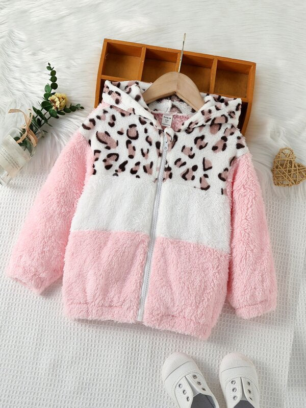 SHEIN Kids EVRYDAY Toddler Girls Leopard Panel Colorblock Hooded Teddy Jacket