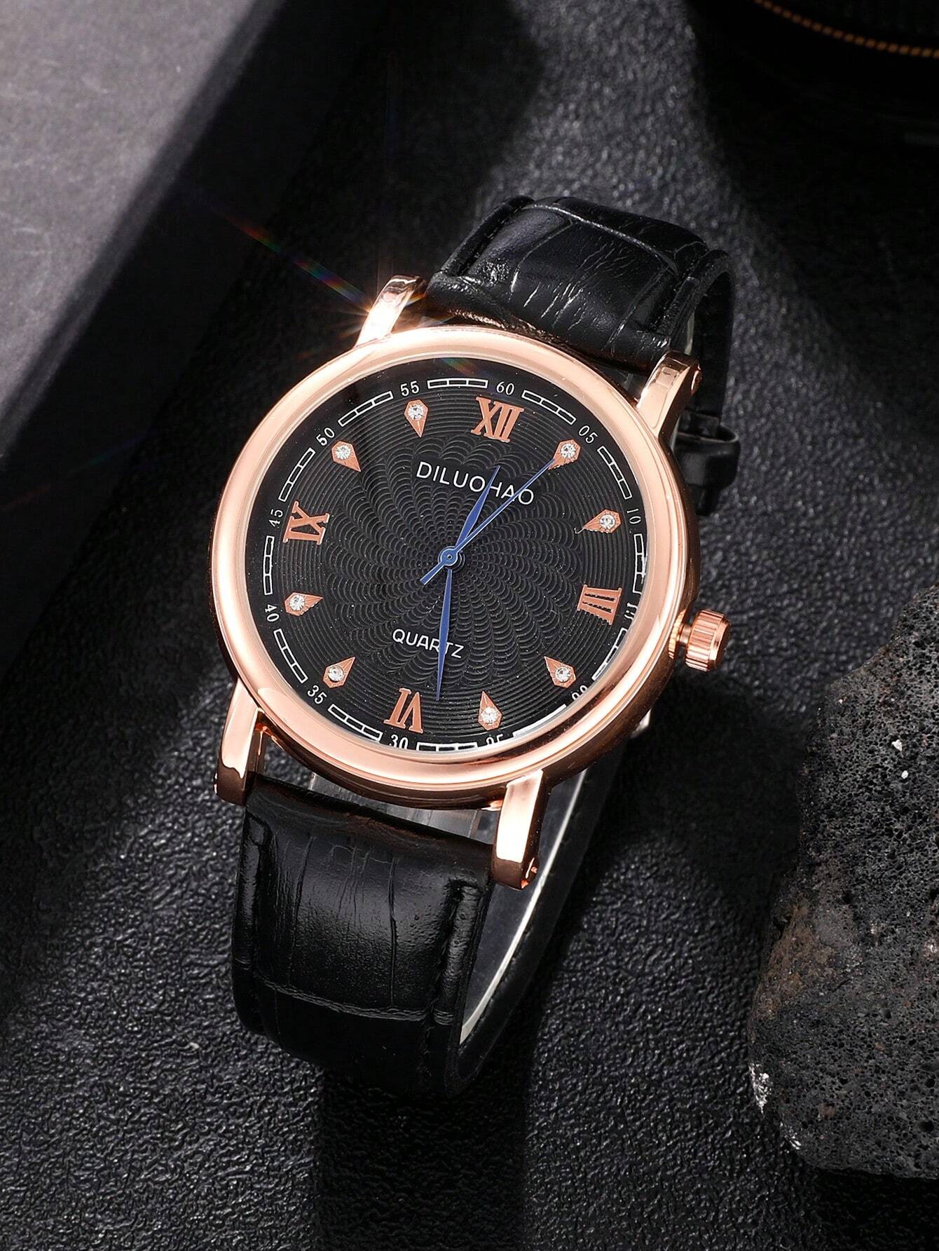 1pc Men Black PU Polyurethane Strap Fashionable Round Dial Quartz Watch & 2pcs Bracelet, For Daily Decoration