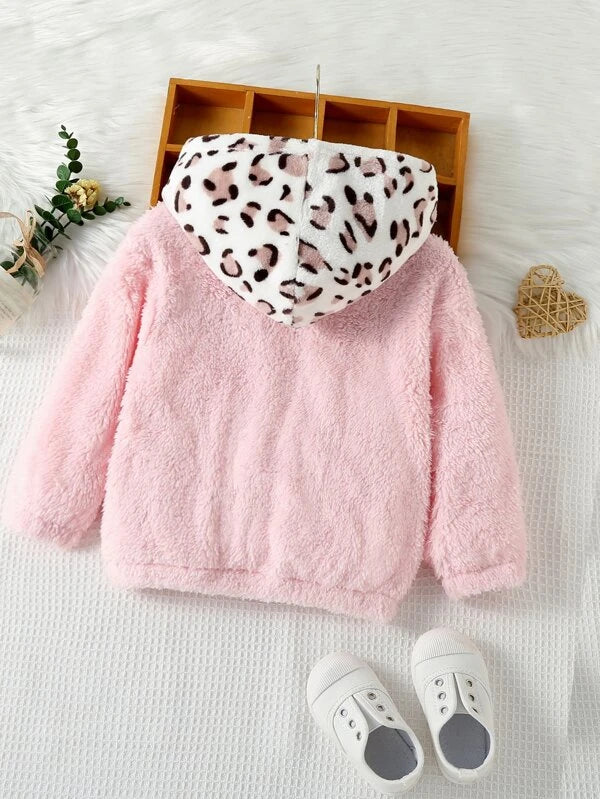 SHEIN Kids EVRYDAY Toddler Girls Leopard Panel Colorblock Hooded Teddy Jacket