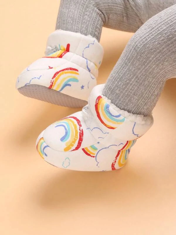 Baby Girls Star & Rainbow Pattern Thermal Lined Fabric Drawstring Design Cute Snow Boots For Winter