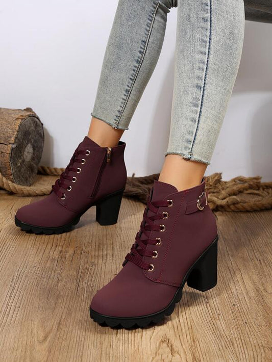 Women Buckle Decor Side Zip Lace Up Chunky Heeled Classic Boots, Fashionable Burgundy Ankle Boots