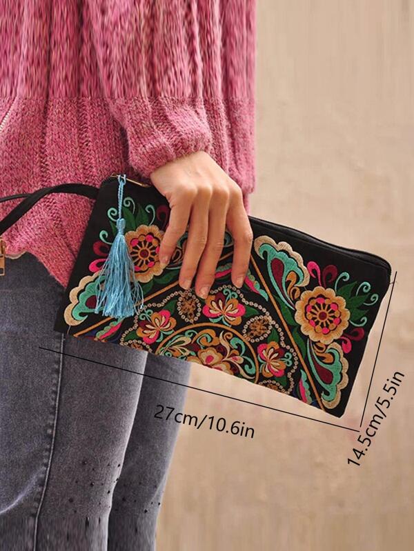 Random Color Embroidered Floral Silk Clutch Bag With Tassel Zipper And Wrist Strap