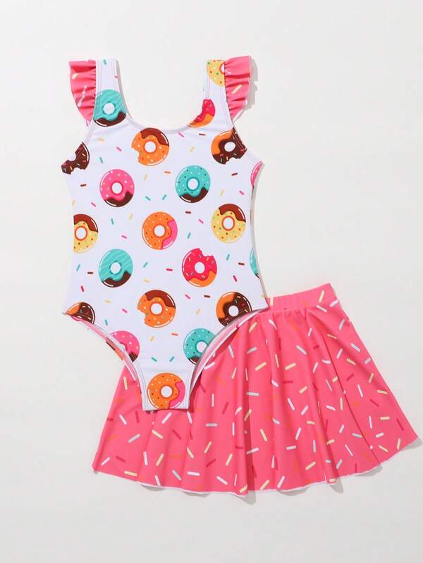 SHEIN Kids SUNSHNE Toddler Girls Donuts Print Ruffle Trim One Piece Swimsuit With Beach Skirt