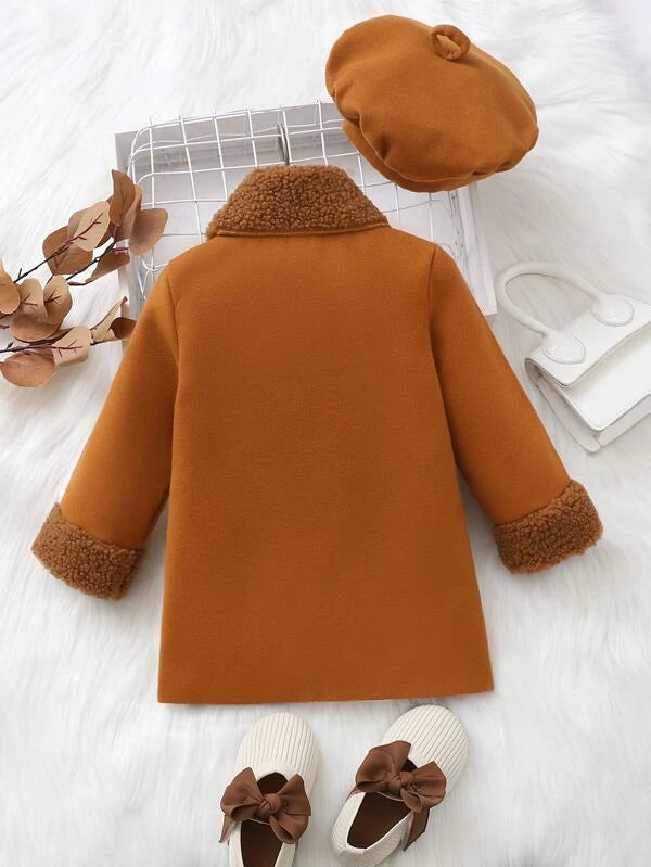 Baby Borg Collar Dual Pockets Open Front Coat & Hat Without Sweater