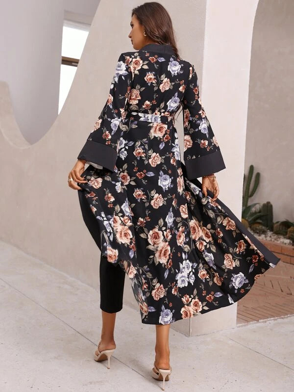 SHEIN Najma Floral Print Flounce Sleeve Belted Abaya