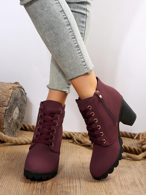 Women Buckle Decor Side Zip Lace Up Chunky Heeled Classic Boots, Fashionable Burgundy Ankle Boots