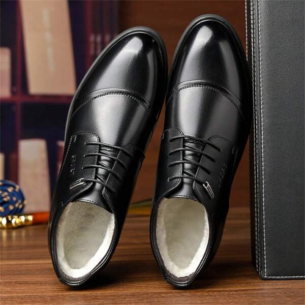 Winter Plus Size Men's Shoes Business Formal Pu Leather Shoes Men's Casual Shoes With Warm Plush Inside, Pointed Toe Groom Wedding High Top Derby Shoes Ankle Boots