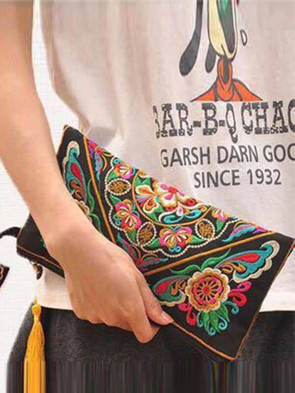 Random Color Embroidered Floral Silk Clutch Bag With Tassel Zipper And Wrist Strap