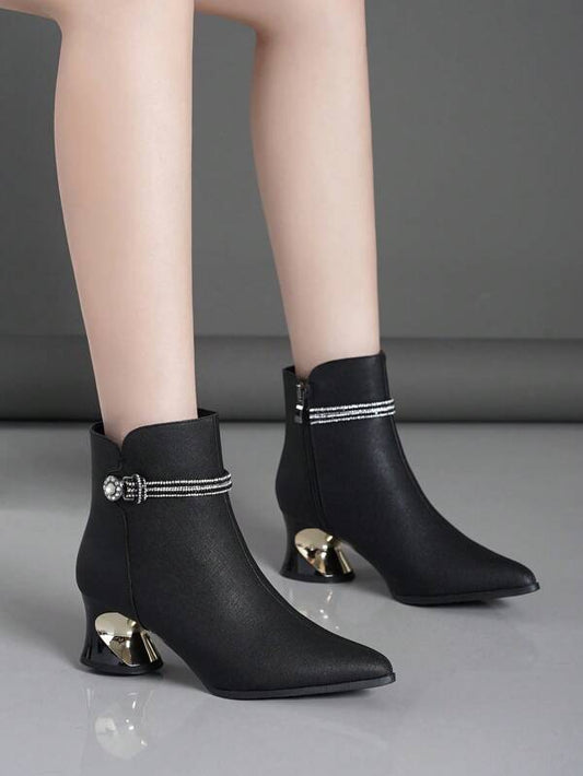 Women's Fashion High Heel Short Boots With Chunky Heel, Side Zipper And Pointed Toe