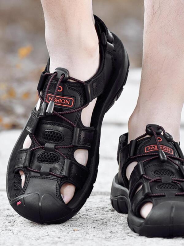 Men Letter Patch Decor Drawstring Design Sport Sandals, Sporty Summer Black Sandals