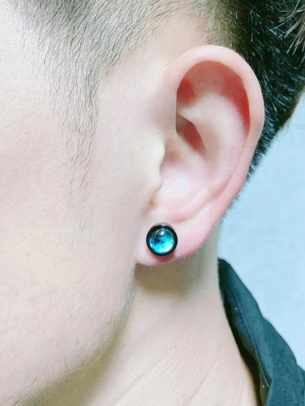 Men Galaxy Pattern Round Stud Earrings Stainless Steel Punk Hip Pop Style