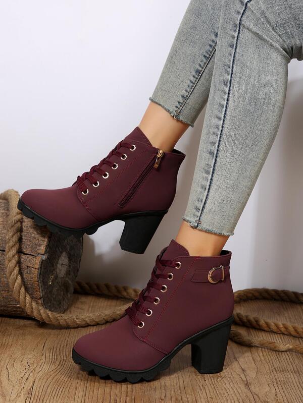 Women Buckle Decor Side Zip Lace Up Chunky Heeled Classic Boots, Fashionable Burgundy Ankle Boots