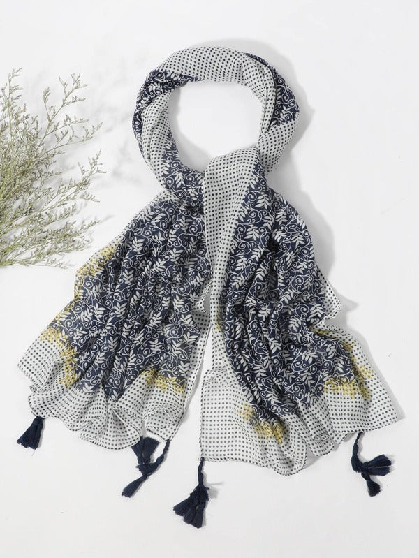 1pc Men Leaf Pattern Tassel Decor Casual Scarf, For All Season