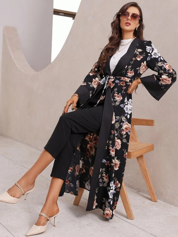 SHEIN Najma Floral Print Flounce Sleeve Belted Abaya