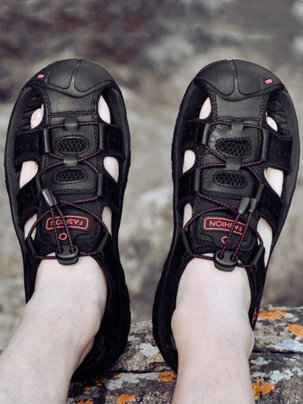 Men Letter Patch Decor Drawstring Design Sport Sandals, Sporty Summer Black Sandals