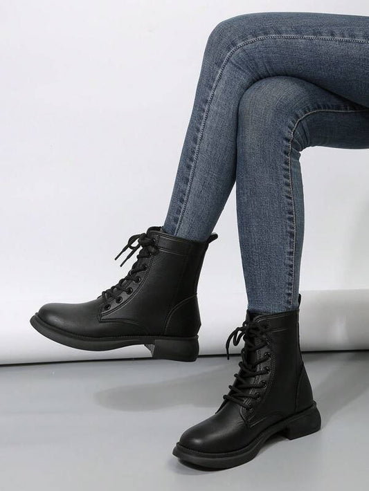 Women's Stylish Comfortable Black Casual High-end Autumn/winter Pu Leather Lace-up Flat High-top Boots