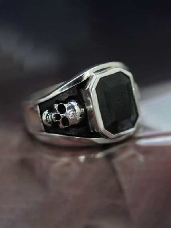 1pc Punk Style Copper & Black Gemstone Skull Head Ring For Men And Women's Party