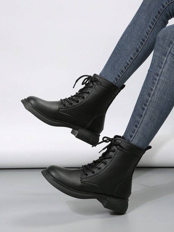 Women's Stylish Comfortable Black Casual High-end Autumn/winter Pu Leather Lace-up Flat High-top Boots