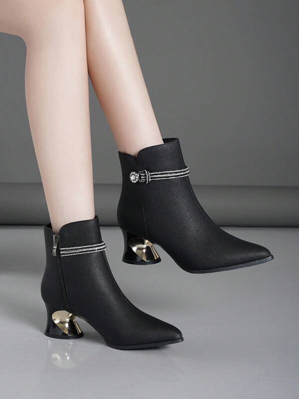 Women's Fashion High Heel Short Boots With Chunky Heel, Side Zipper And Pointed Toe