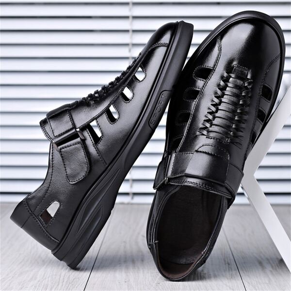 Men's Large-sized Hollow Out Sandals With Convenient Hook & Loop Fastener, Hand-woven Breathable Upper, Fashionable And Good-looking Black Casual Shoes