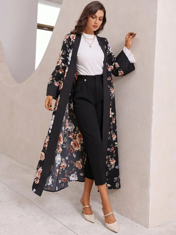 SHEIN Najma Floral Print Flounce Sleeve Belted Abaya