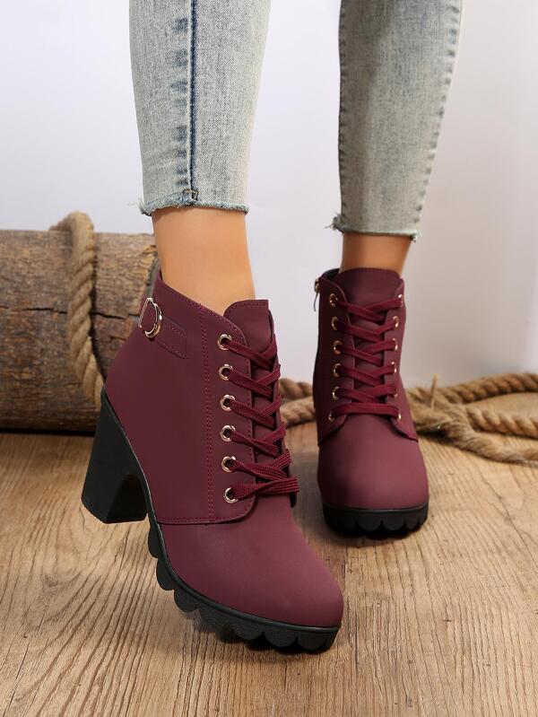 Women Buckle Decor Side Zip Lace Up Chunky Heeled Classic Boots, Fashionable Burgundy Ankle Boots