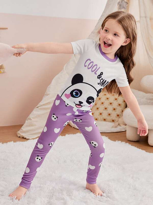 SHEIN Kids QTFun Toddler Girls Panda & Letter Graphic Contrast Trim Snug Fit PJ Set
