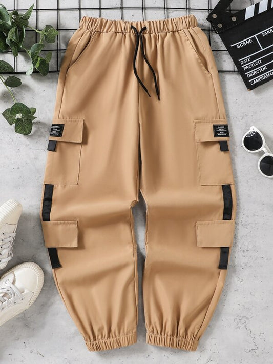 SHEIN Kids EVRYDAY Boys Letter Patched Detail Flap Pocket Drawstring Waist Cargo Pants