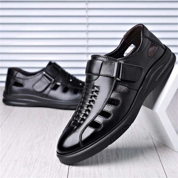 Men's Large-sized Hollow Out Sandals With Convenient Hook & Loop Fastener, Hand-woven Breathable Upper, Fashionable And Good-looking Black Casual Shoes